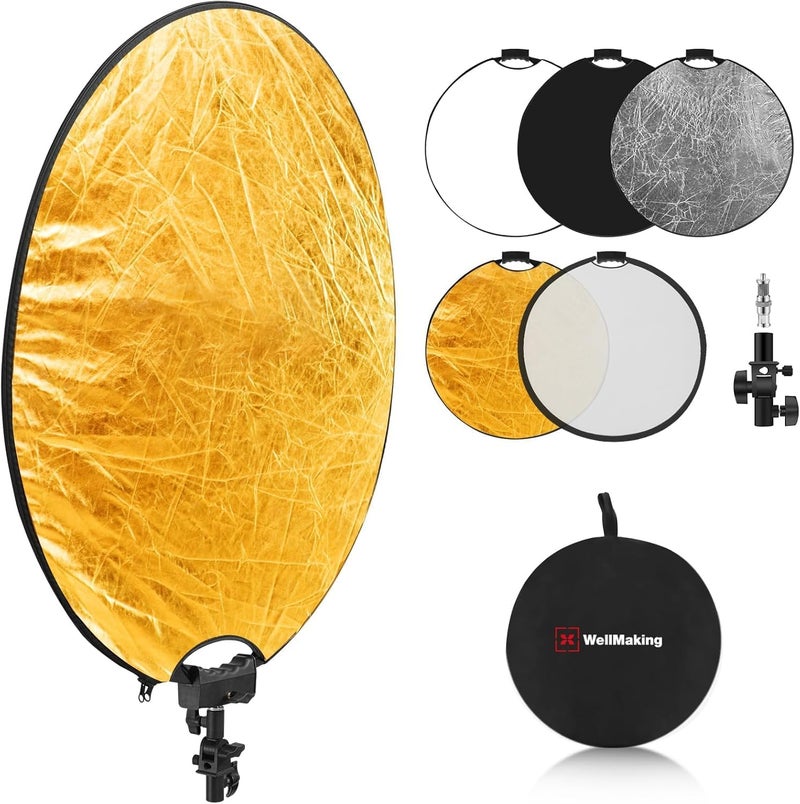 Wellmaking 32 Inch (80cm) Reflector Photography, Collapsible Light Reflector with Threaded Handle & tilt Adapter, 5 in 1 Handle Reflector for Lighting -Translucent, Silver, Gold, White and Black - Image 1